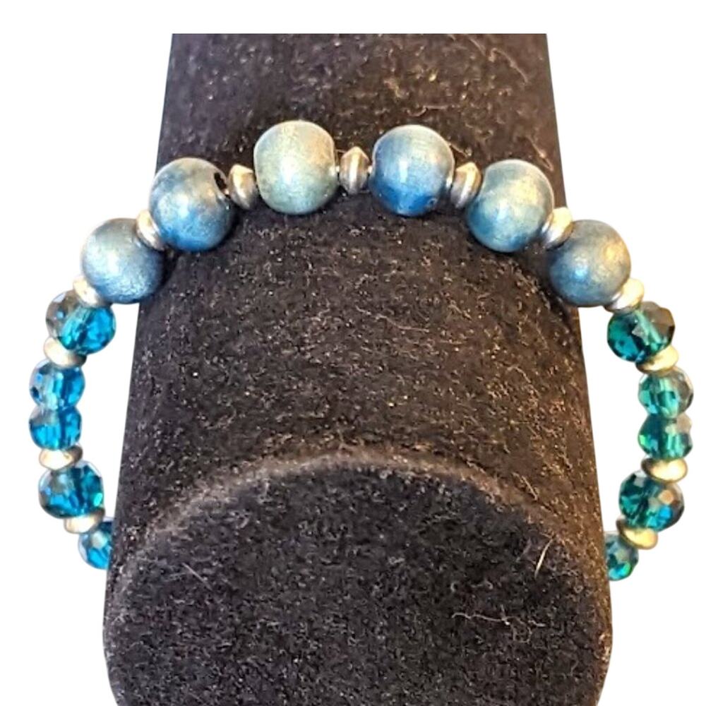 Alex and Ani Vintage Sixty Six Teal Blue Crystal Wood Bead Wire Wrap Bracelet
